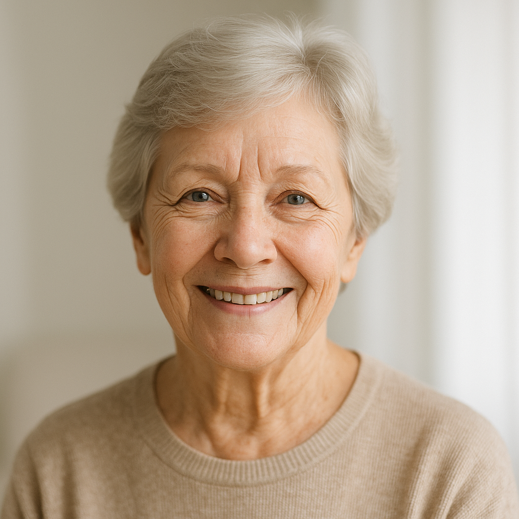 Пожилая женщина улыбается дома
